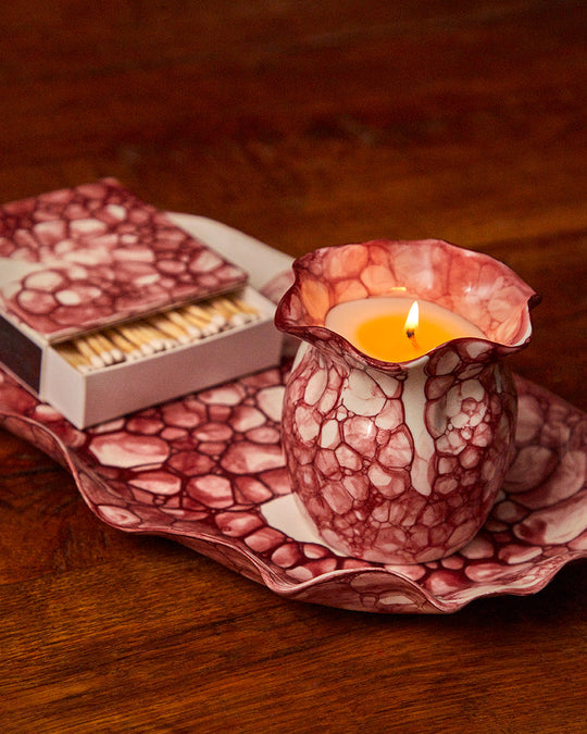 CANDLE, MEDIUM PLATTER & MATCHBOX SET, BURGUNDY - DB CERAMIC